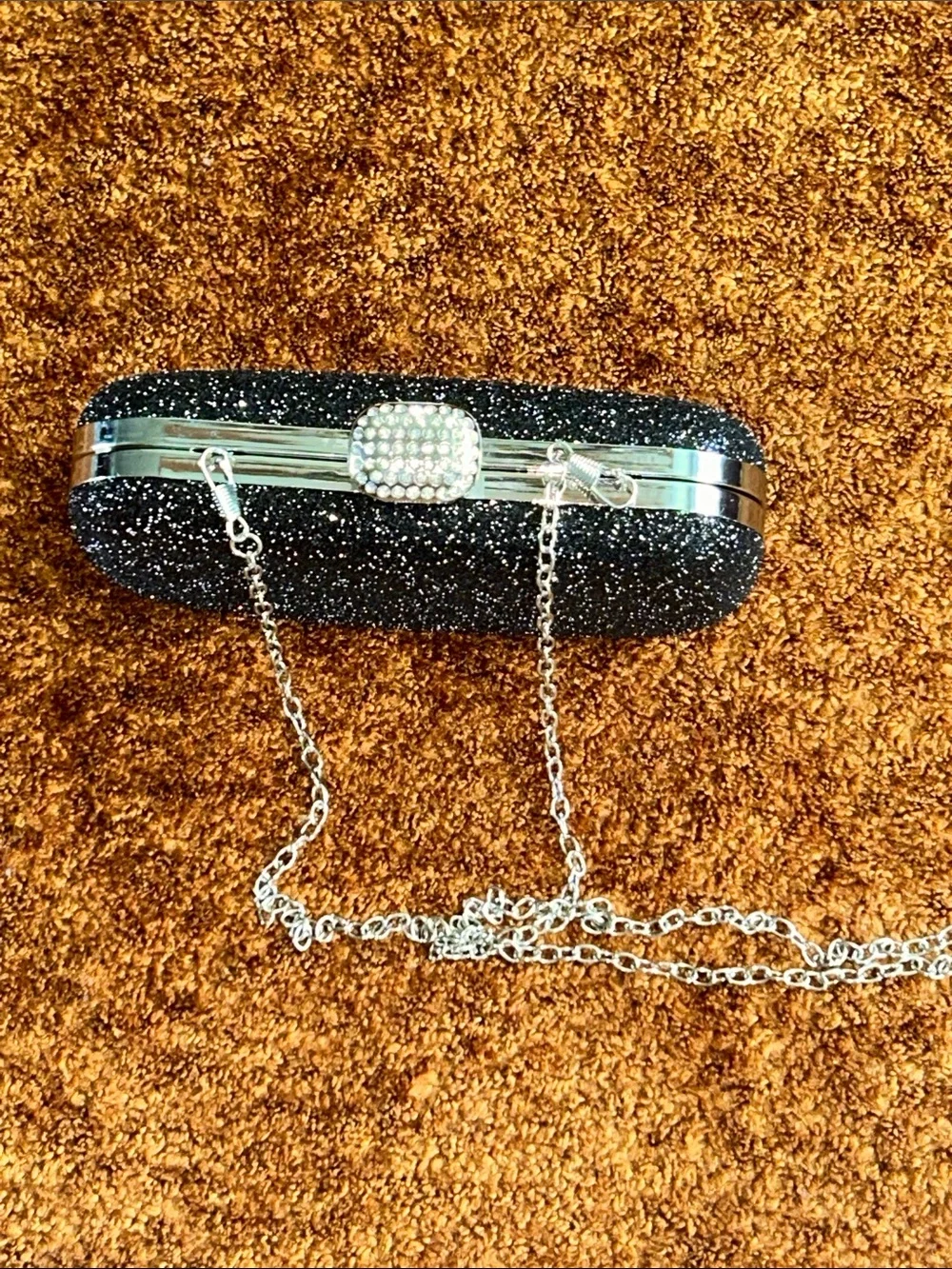 Black Glitter Rhinestone Evening Clutch with Silver Chain